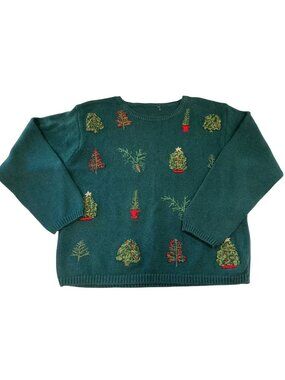 Vintage Embroidered Cottagecore Pullover Sweater M Green Granny Retro Holidays